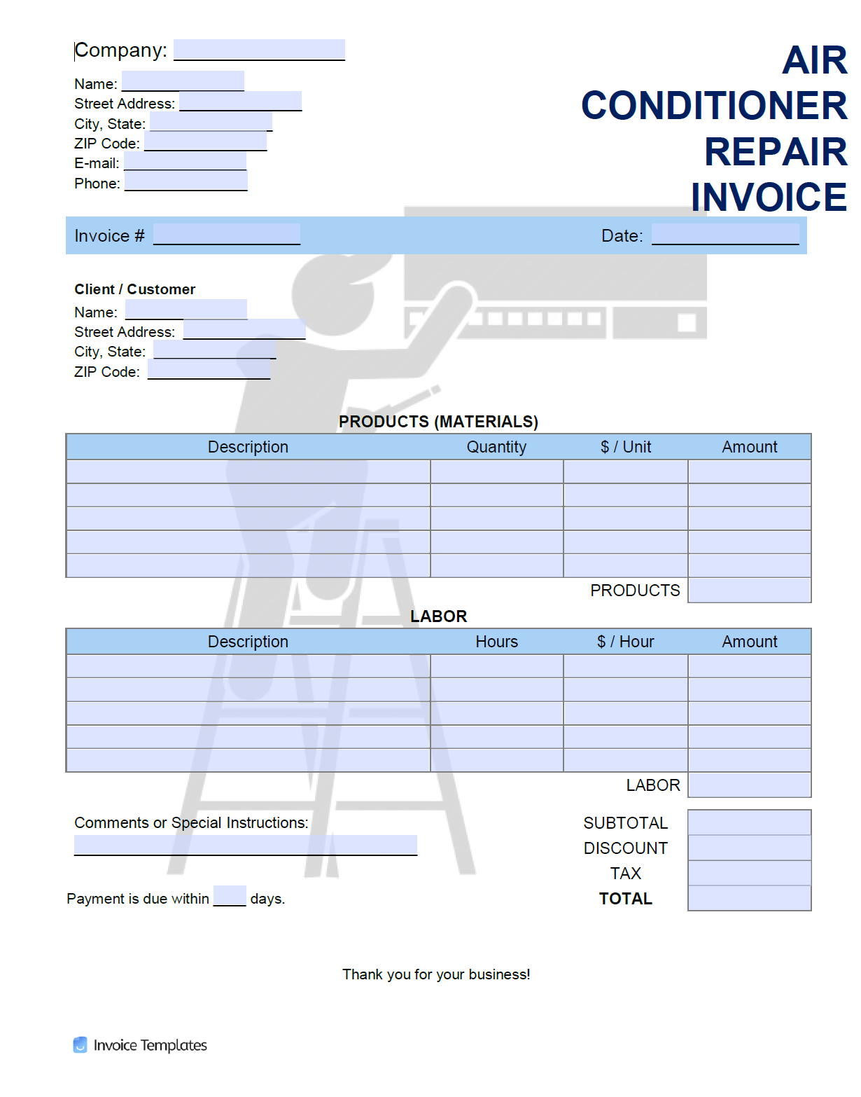 Free Air Conditioner (AC) Repair Invoice Template  PDF  WORD  EXCEL Regarding Hvac Invoices Templates