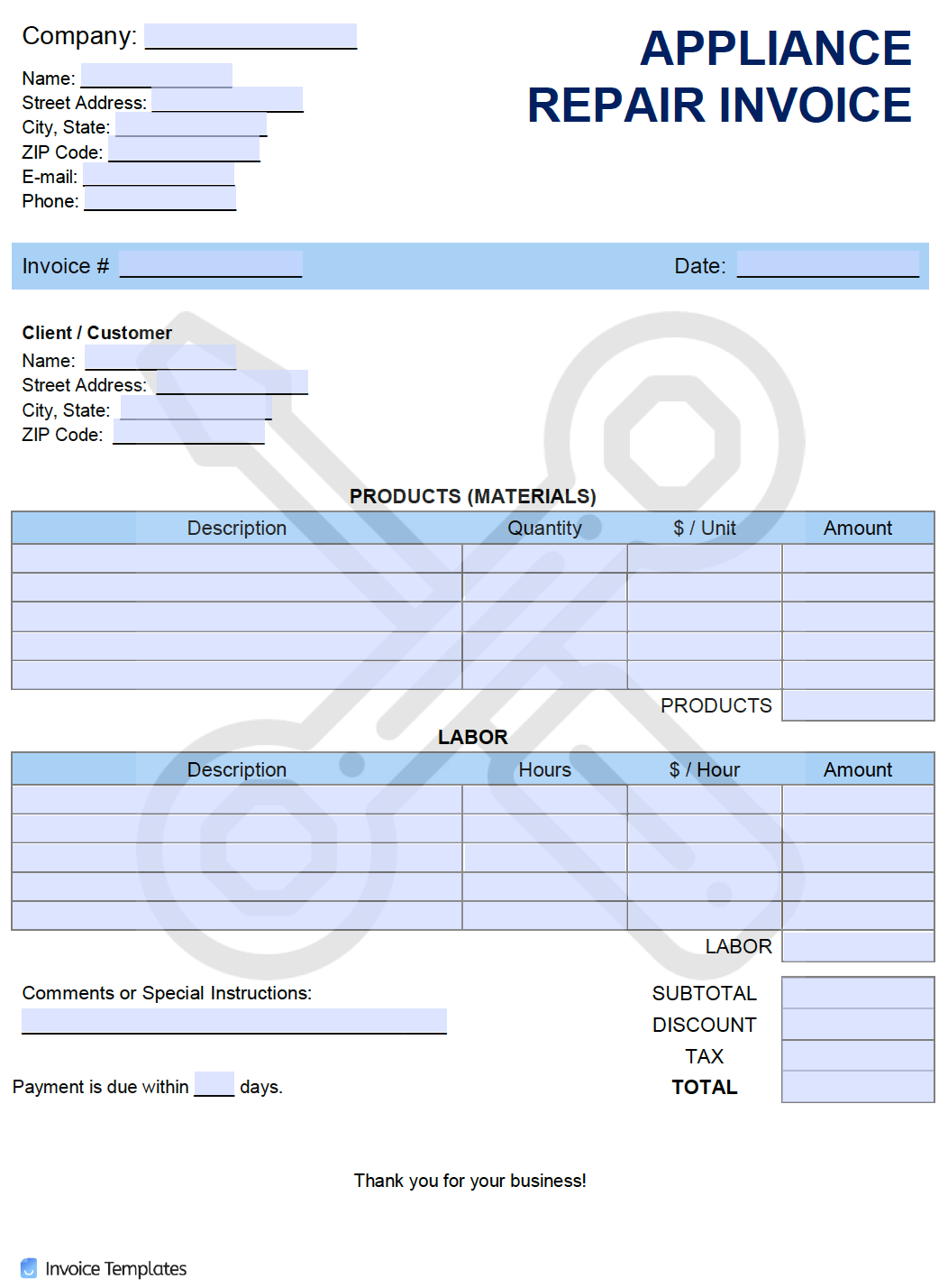 Free Appliance Repair Invoice Template Pdf Word Excel