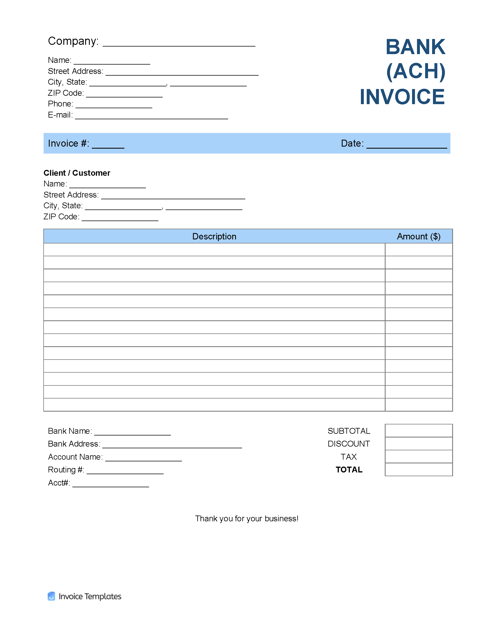 Free Bank Details Ach Invoice Template Pdf Word Excel