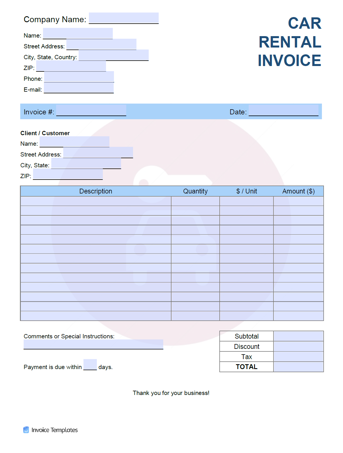 Car Rental Invoice Template Free Printable Templates
