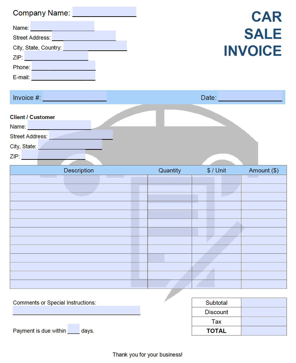 Free Car Sales Invoice Template  PDF  WORD  EXCEL