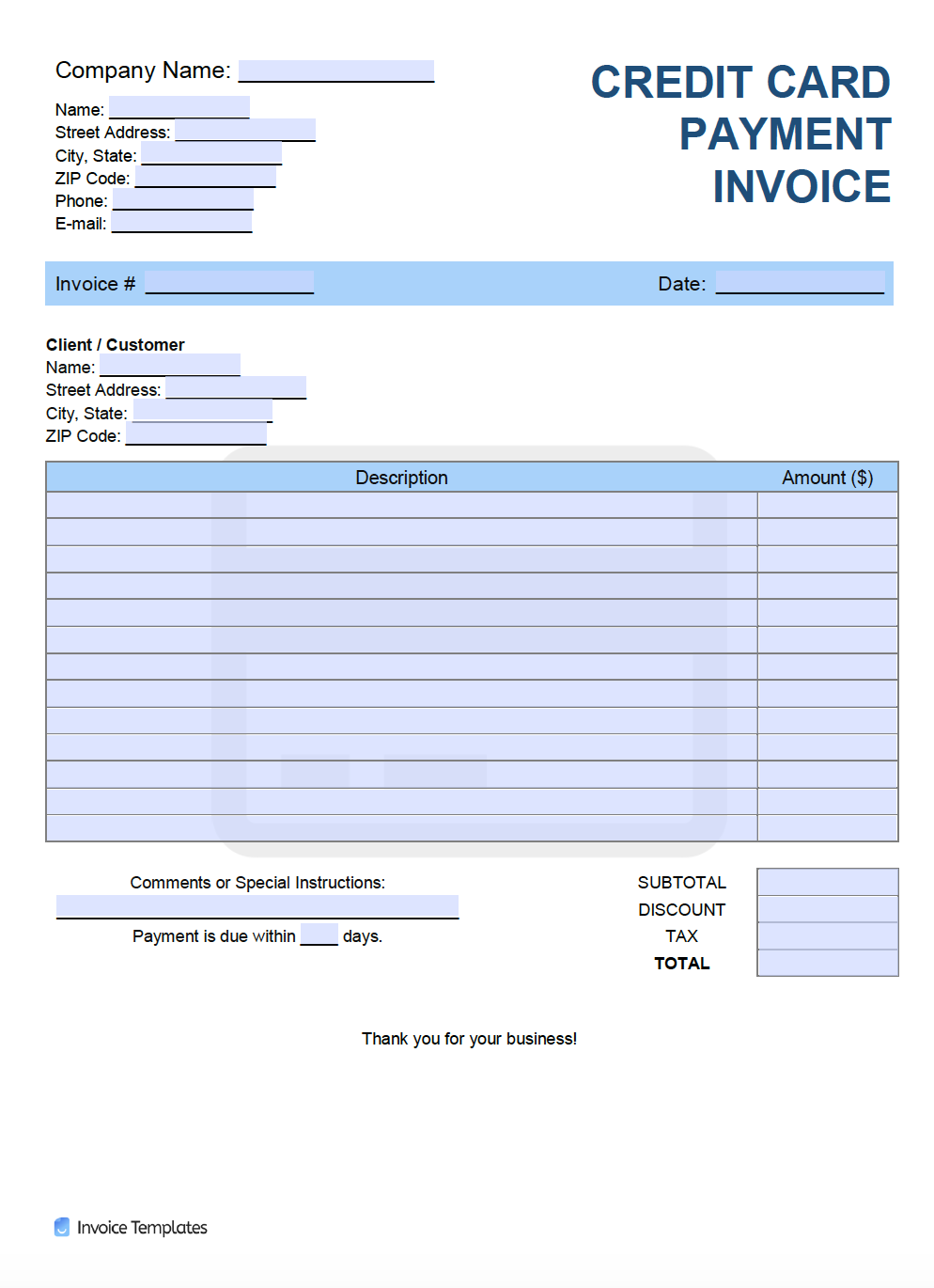 Free Credit Card (cc) Payment Invoice Template  PDF  WORD  EXCEL Regarding Credit Card Bill Template