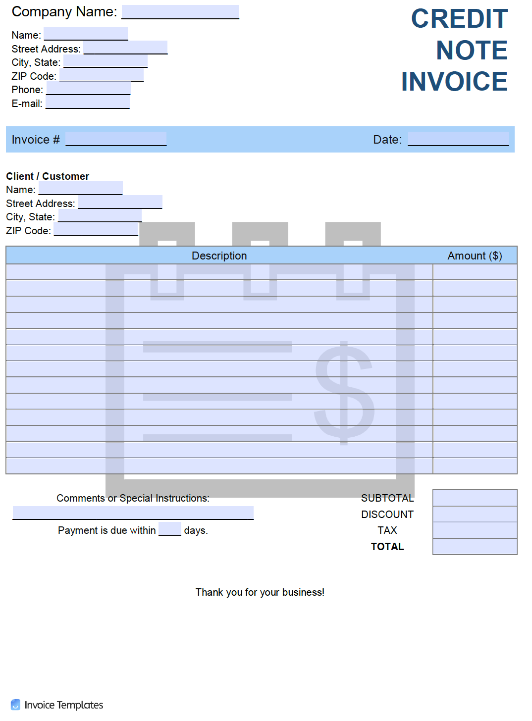 Free Credit (Note) Invoice Template  PDF  WORD  EXCEL For Credit Note Example Template