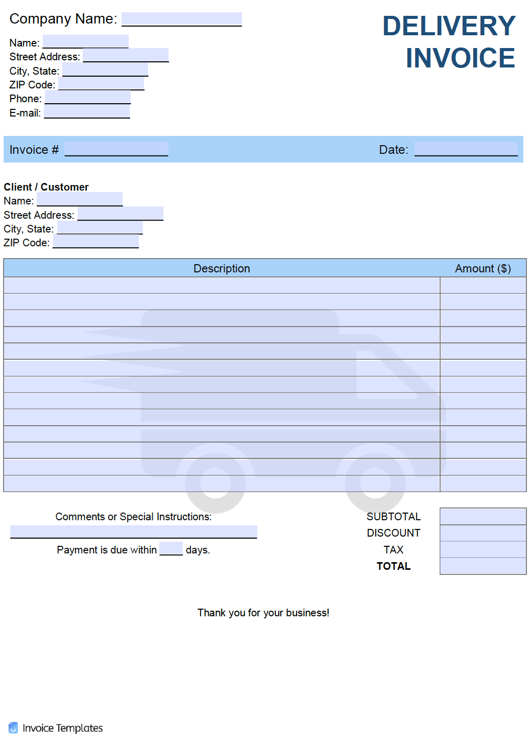 Free Delivery Invoice Template  PDF  WORD  EXCEL Throughout Trucking Company Invoice Template