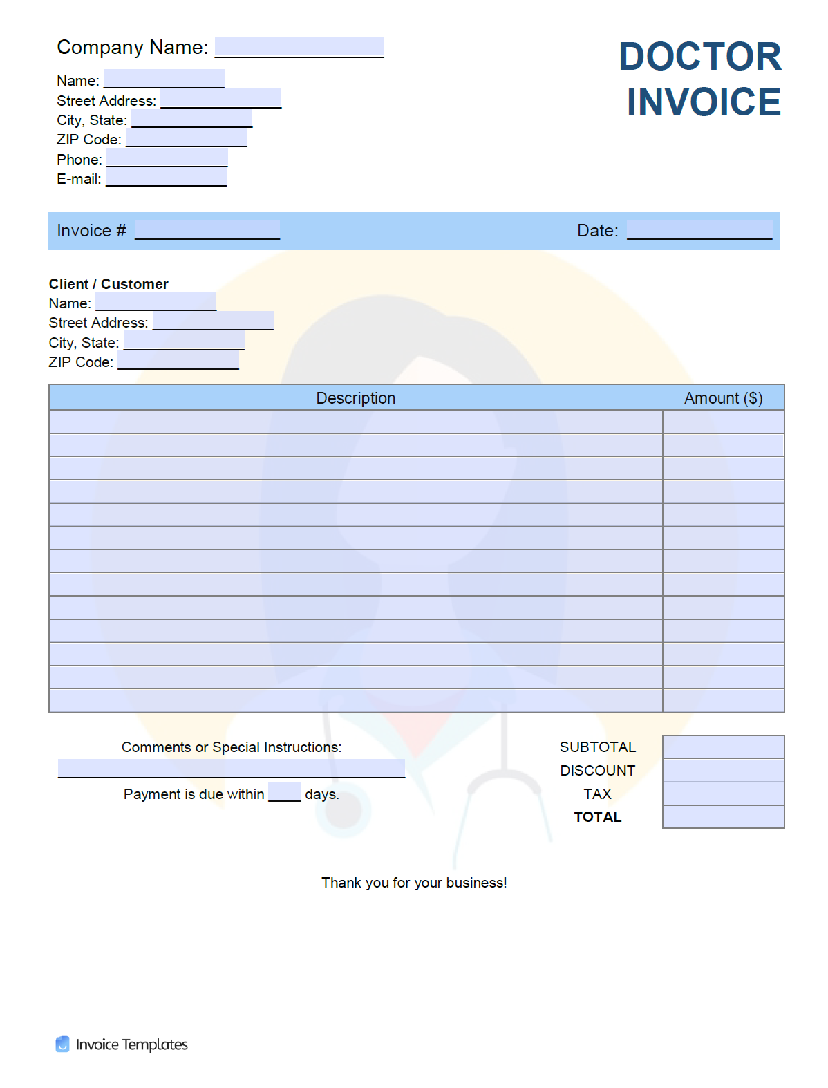 Free Doctor (Physician) Invoice Template  PDF  WORD  EXCEL Intended For Doctors Invoice Template