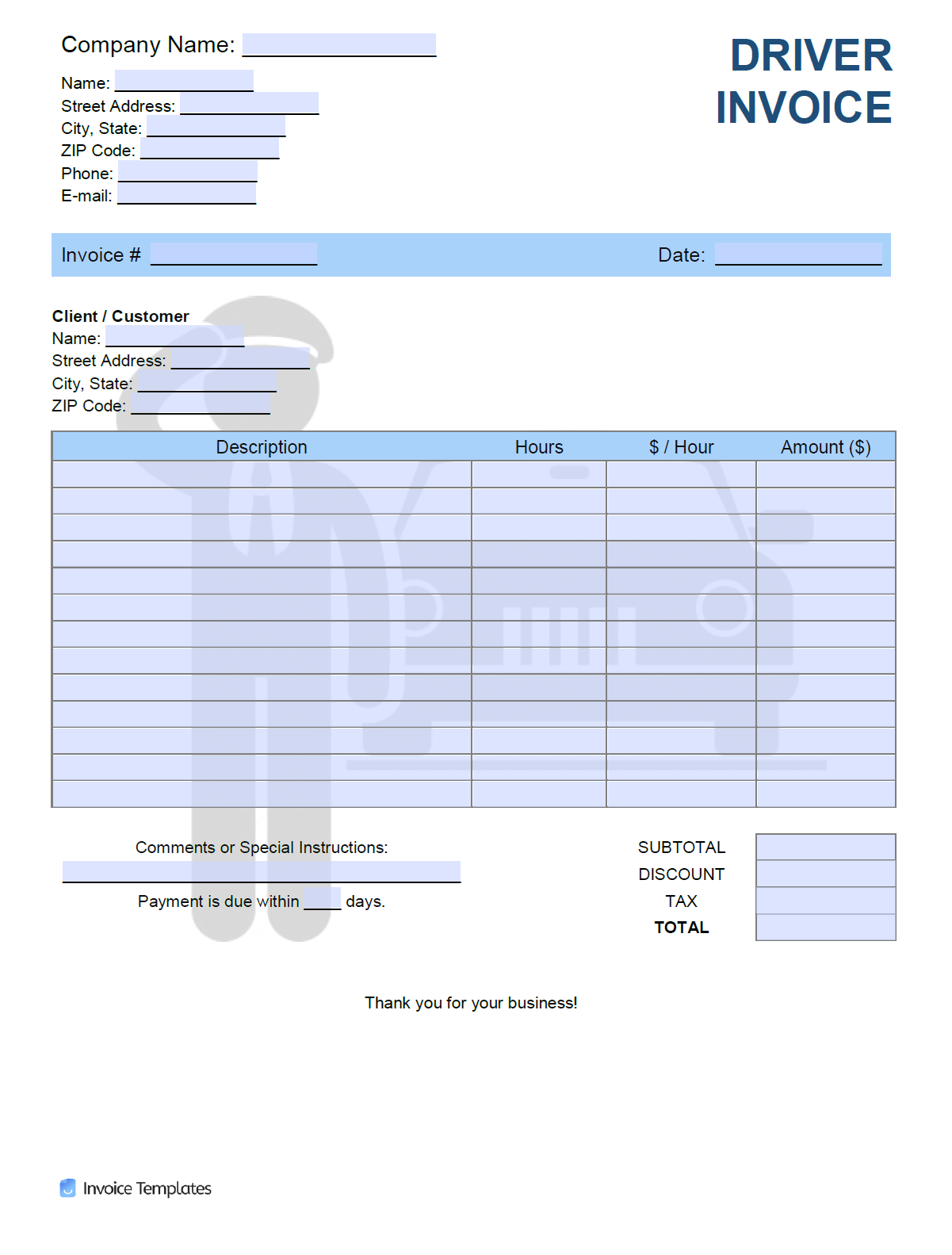 Free Driver (Chauffeur) Invoice Template  PDF  WORD  EXCEL Intended For Trucking Company Invoice Template
