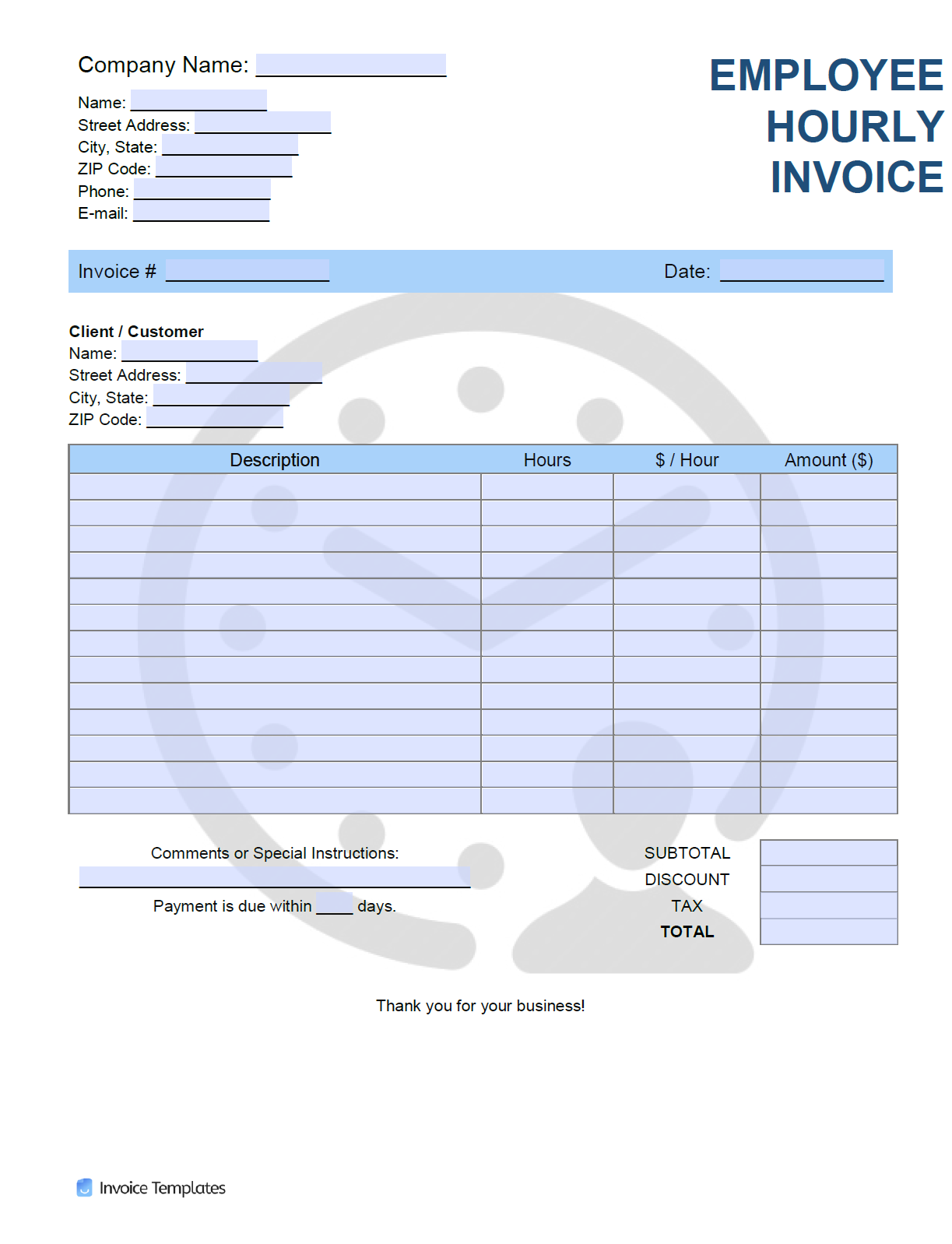 Free Employee Hourly ($/hr) Invoice Template  PDF  WORD  EXCEL In Invoice Template For Work Done