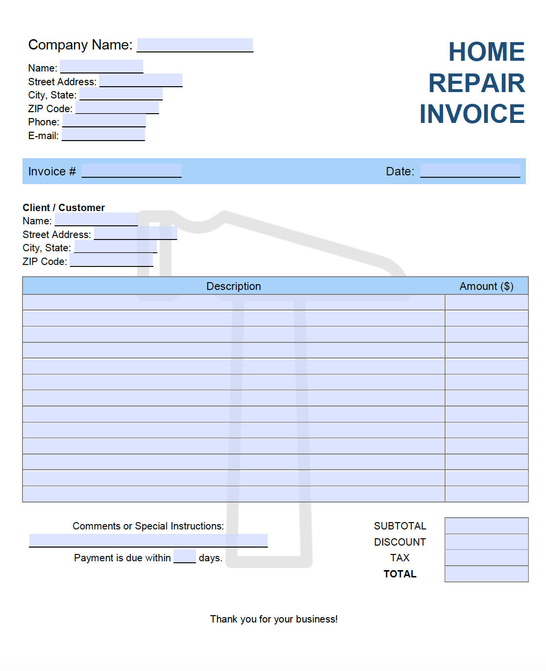 Free Printable Home Repair Invoice Template