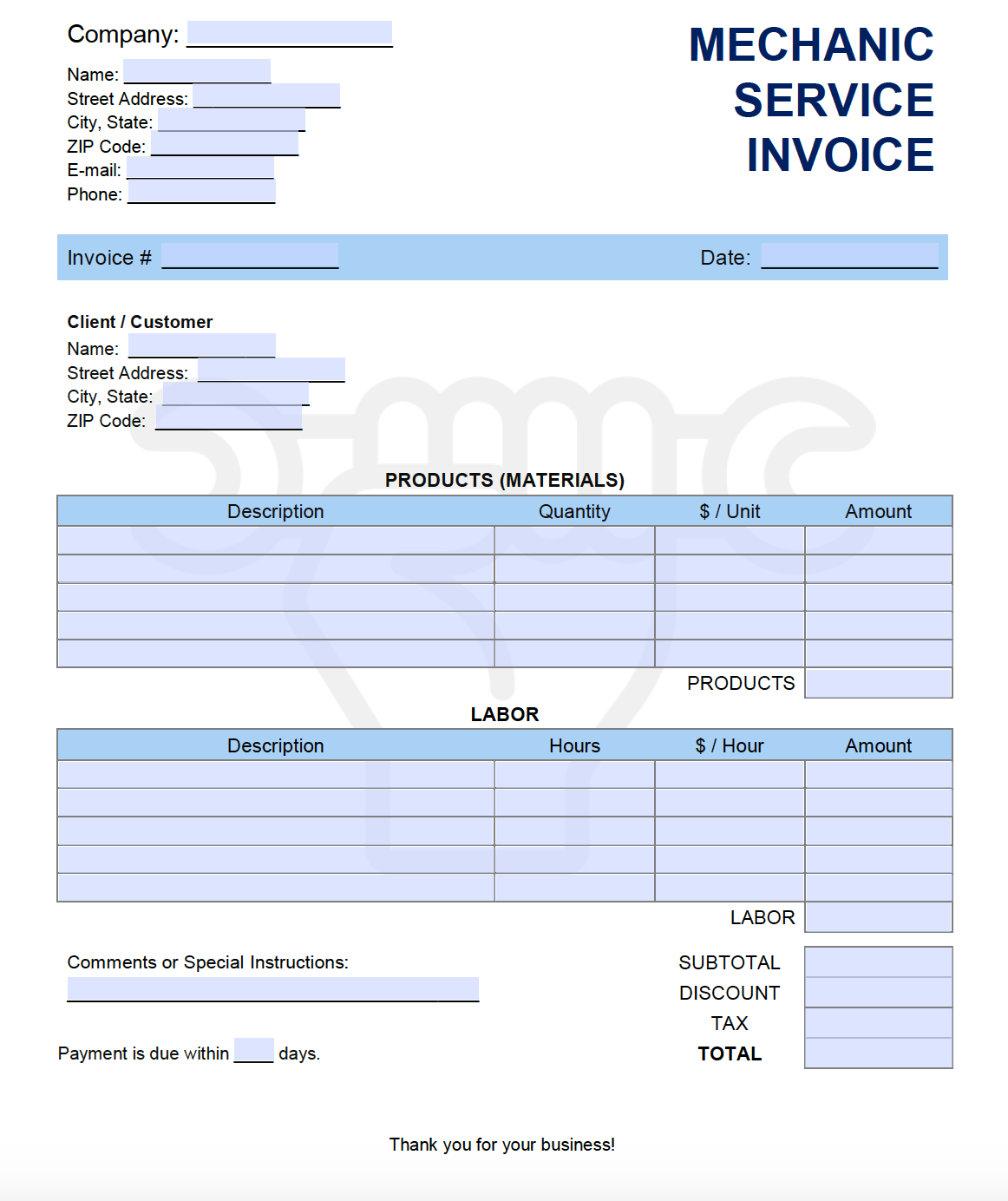 Free Mechanic (Service) Invoice Template  PDF  WORD  EXCEL Within Mechanic Job Card Template