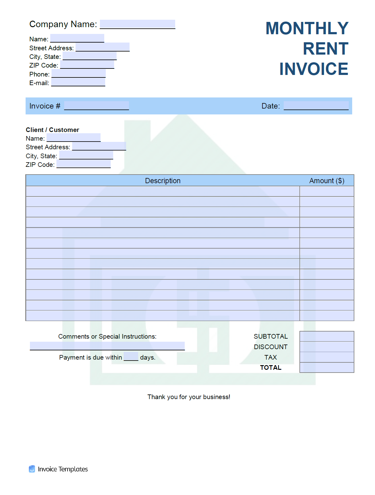 Free Monthly Rent (Landlord) Invoice Template  PDF  WORD  EXCEL For Invoice Template For Rent