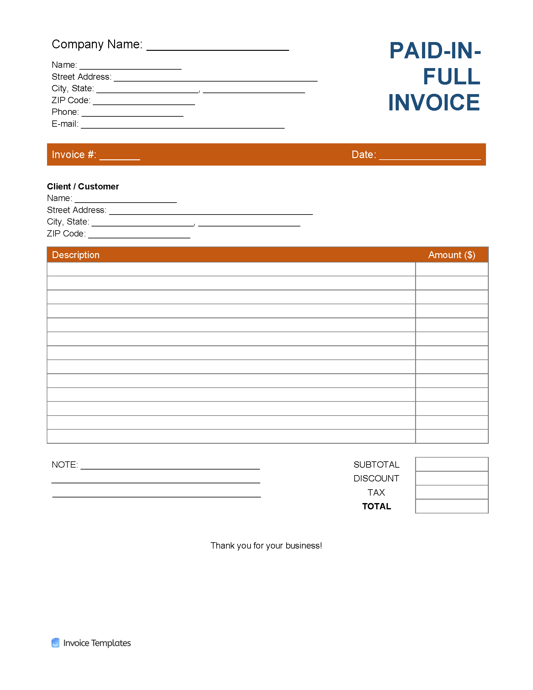 Free Paid (in-full) Invoice Template  PDF  WORD  EXCEL Throughout Itemized Invoice Template