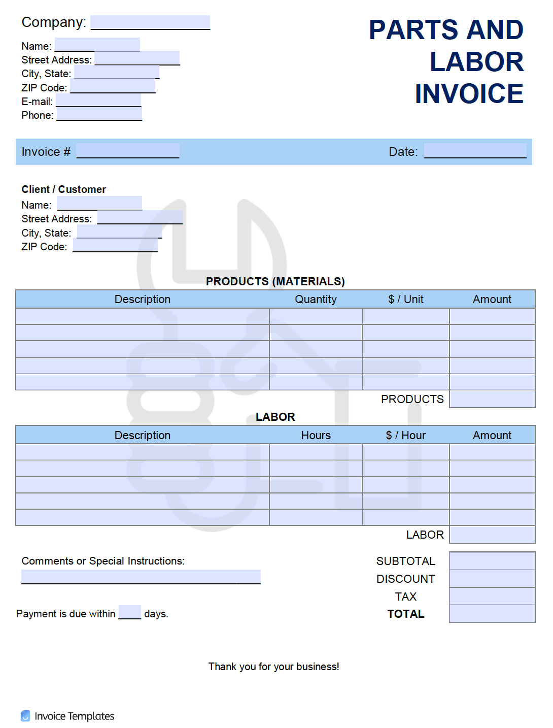 Free Parts And Labor Invoice Template Pdf Word Excel