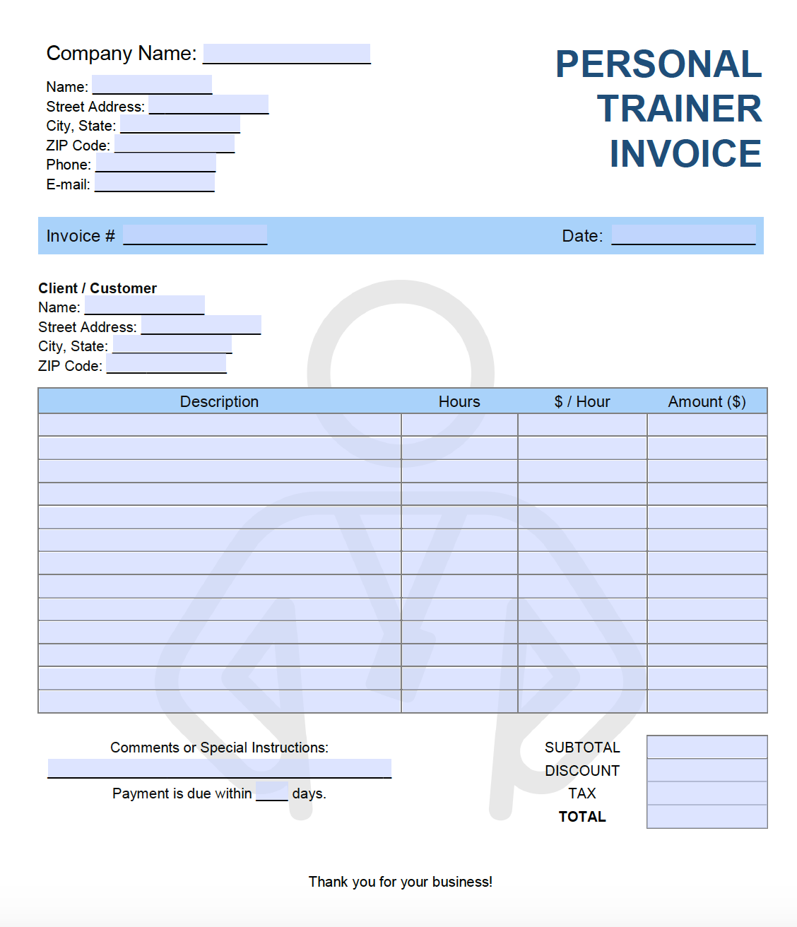 Template client personal trainer information 