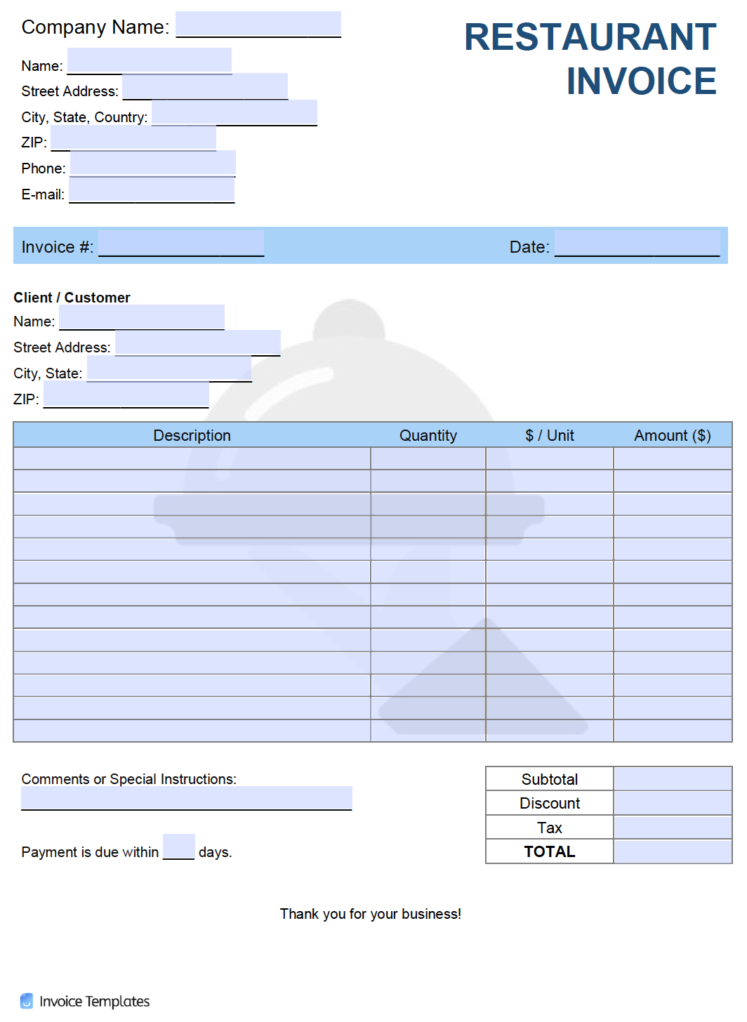 Free Restaurant Invoice Template Pdf Word Excel