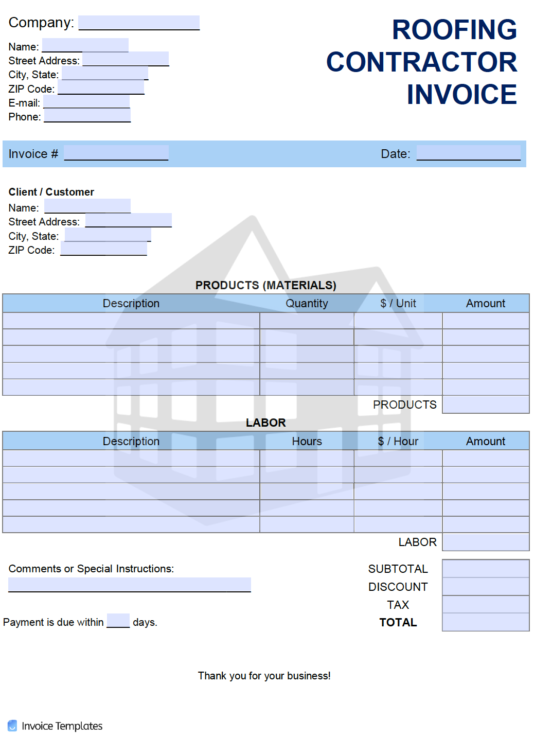 Free Roofing Contractor Invoice Template  PDF  WORD  EXCEL Regarding Roofing Invoice Template Free