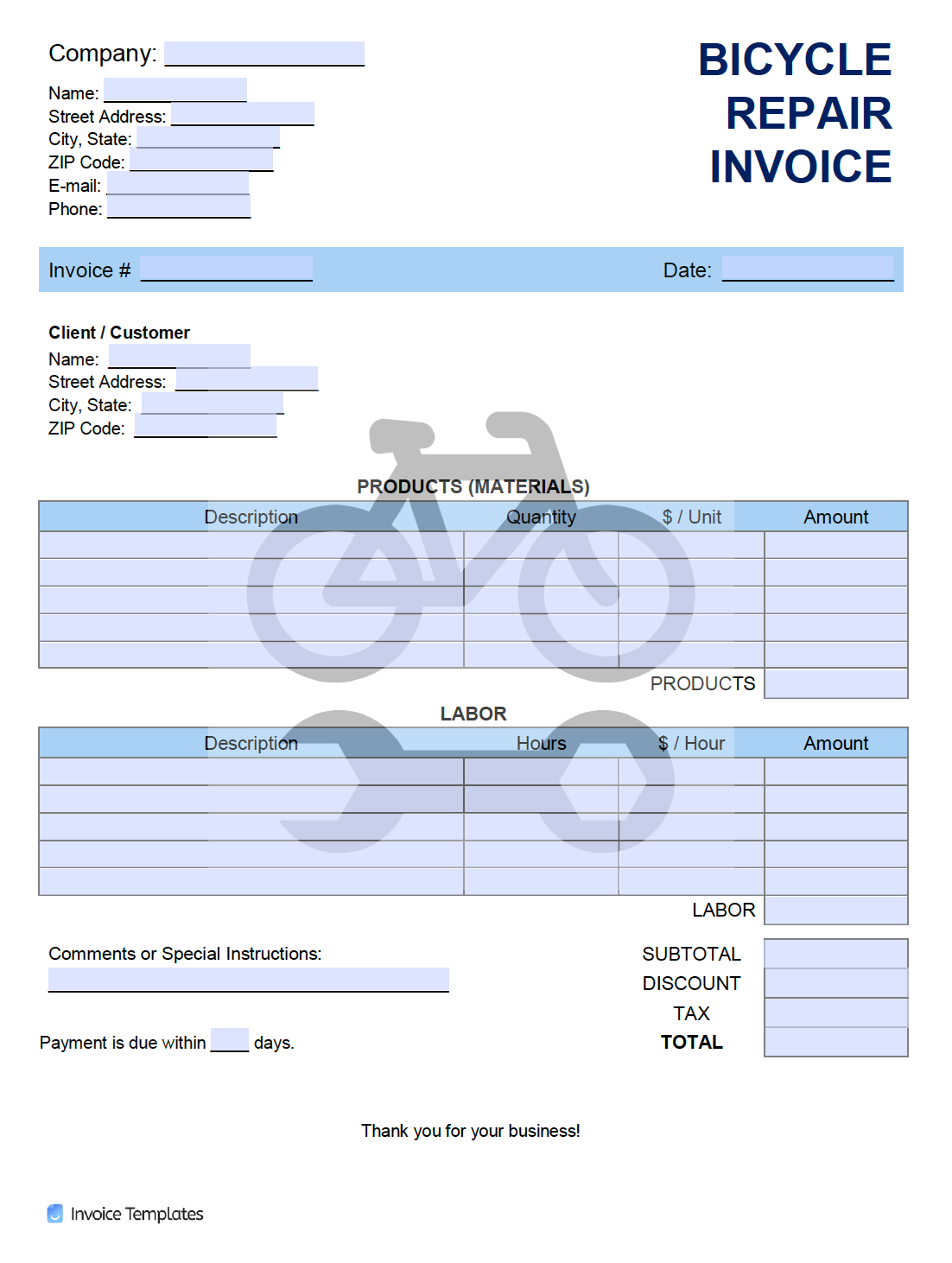Free Bicycle (Bike) Repair Invoice Template  PDF  WORD  EXCEL Pertaining To Mechanics Job Card Template