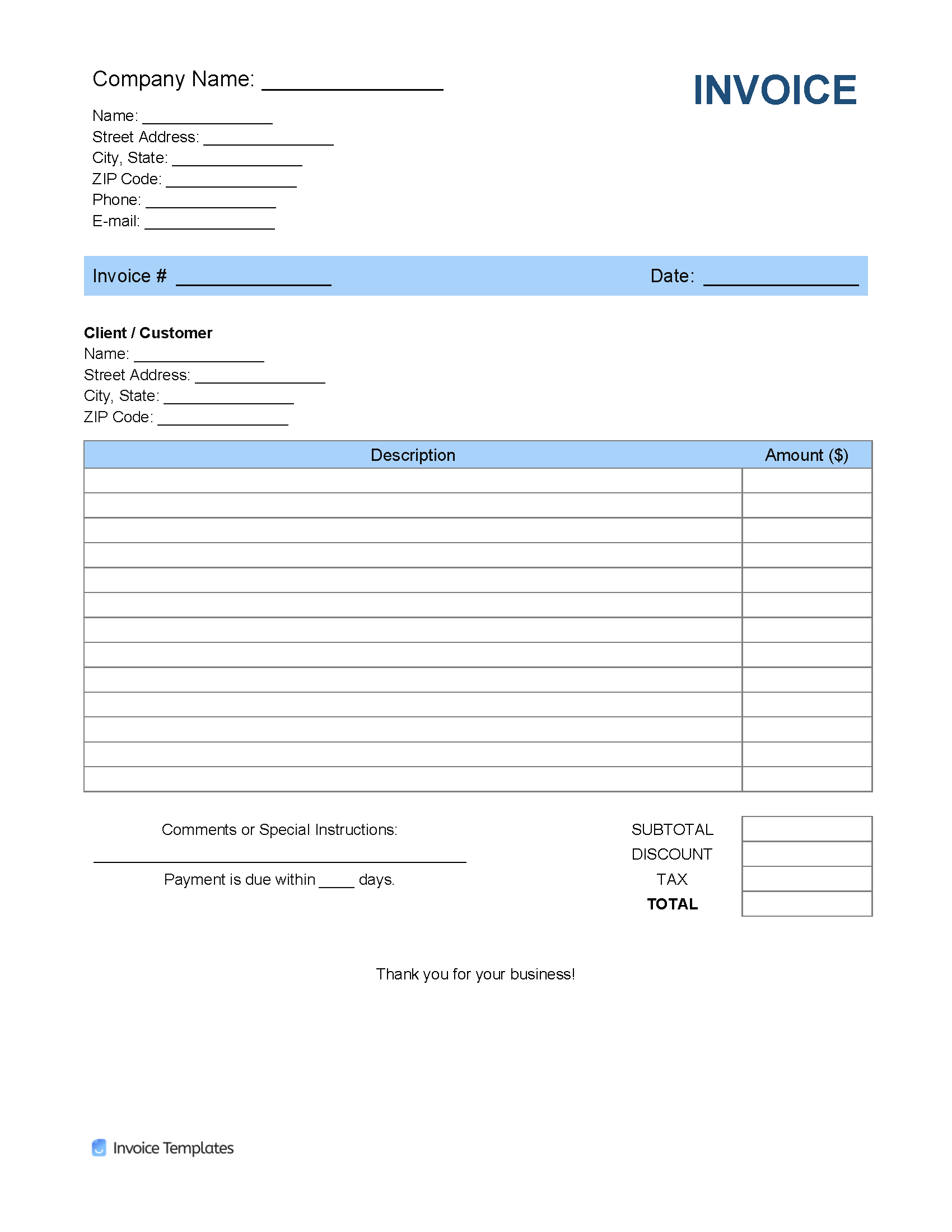 Free Blank Invoice Templates In Pdf Word Excel