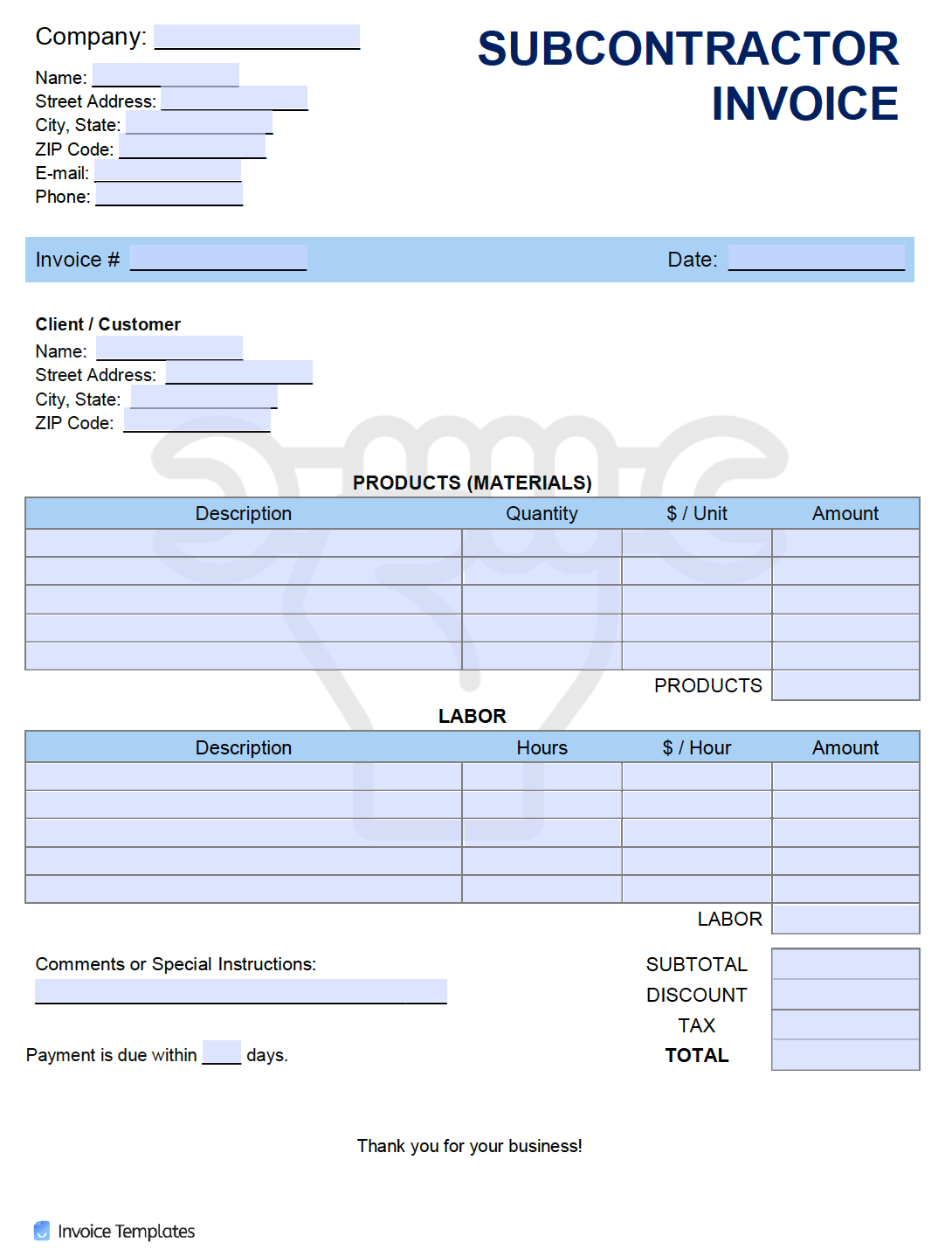 Free Subcontractor Invoice Template  PDF  WORD  EXCEL Inside Contractors Invoices Free Templates