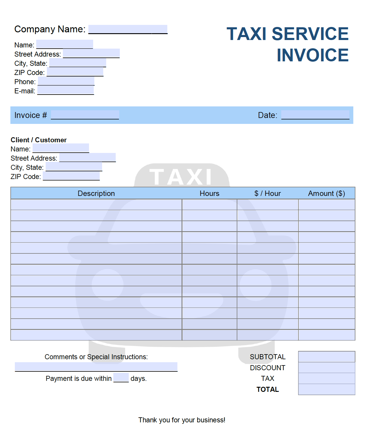 Free Taxi Service Invoice Template Pdf Word Excel