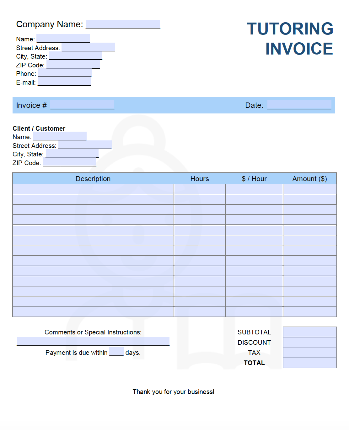 Billing Invoice Template for Online Tutors and Educators