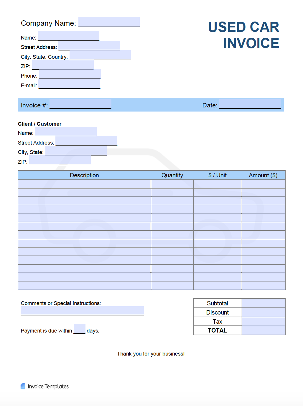 Free Used Car Invoice Template Pdf Word Excel