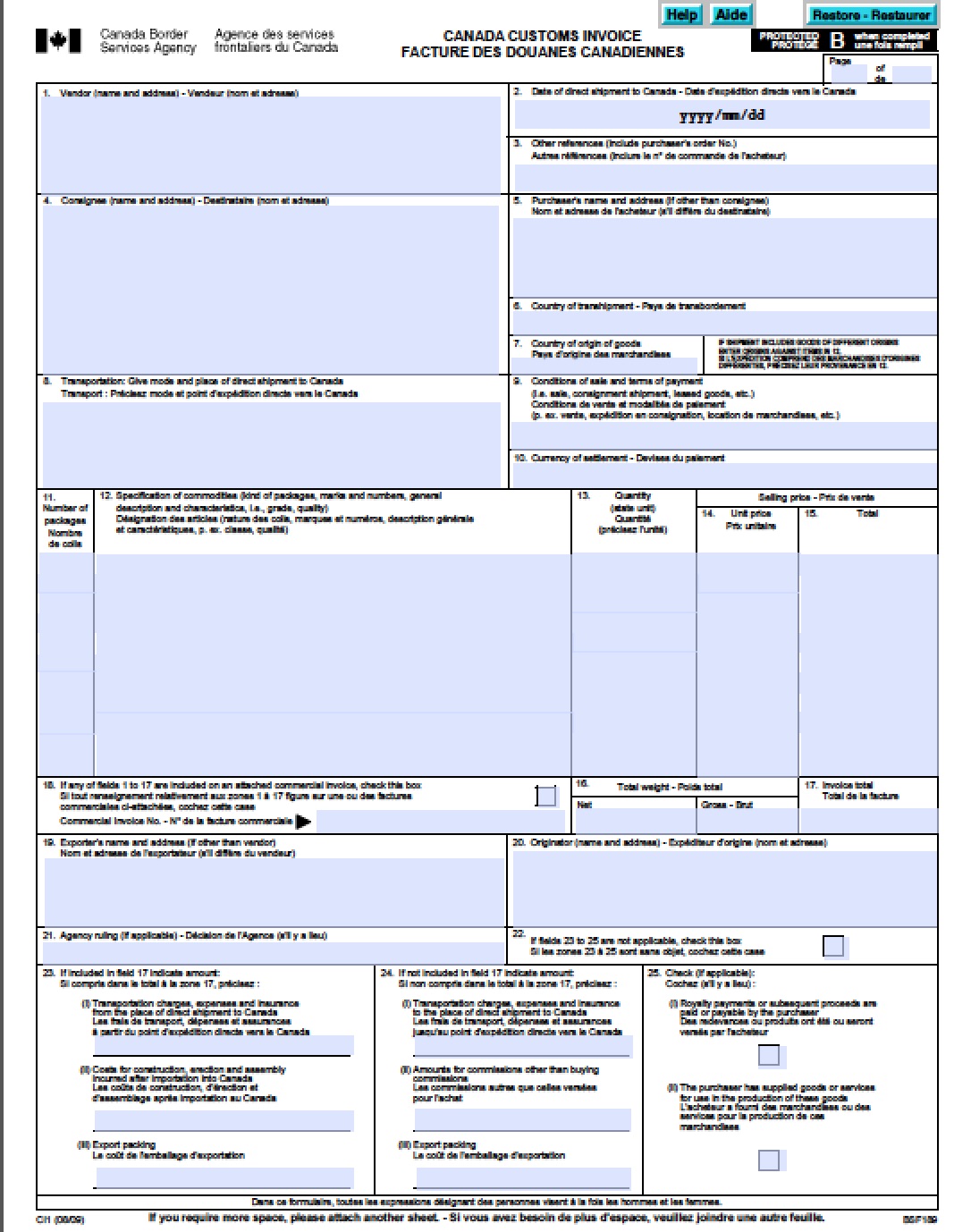 Free Canada Customs Commercial Invoice Template  Form CI22  PDF In Customs Commercial Invoice Template