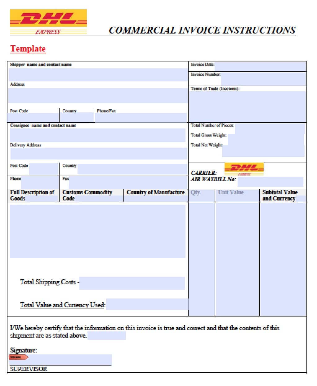 Commercial Invoice Template Ups