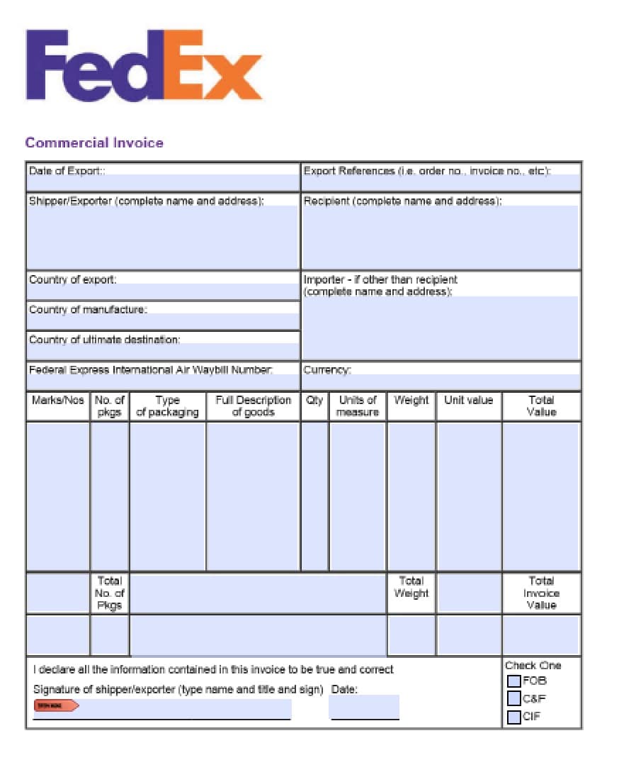 Free FedEx Commercial Invoice Template  PDF  WORD  EXCEL For International Shipping Invoice Template