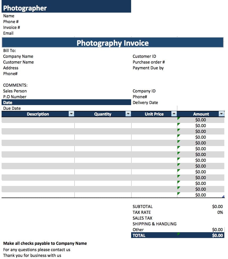 Free Photography Service Invoice Template Pdf Word Excel