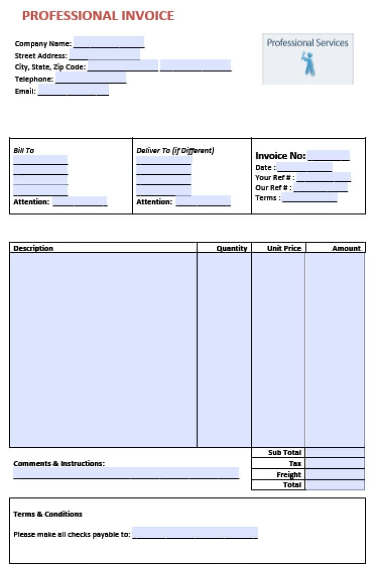 Free Professional Service Invoice Template  PDF  WORD  EXCEL With Regard To Free Printable Invoice Template Microsoft Word